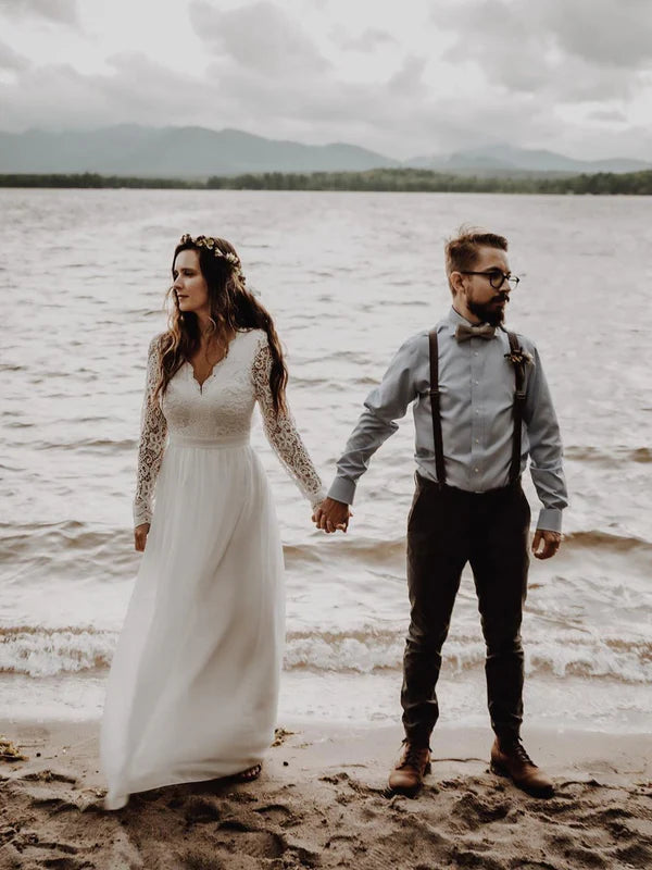 Luolandi Pure Chiffon & Lace V-neck Neckline Long Sleeves A-line Wedding Dresses Elegant