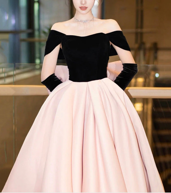 Luolandi Black Velvet and Pink Satin Long Prom Dress Beautiful A-Line Off the Shoulder Party Dress Without gloves