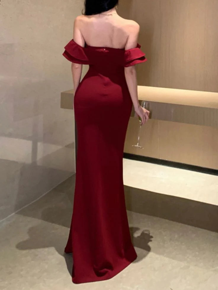 Luolandi Red Off Shoulder Mermaid Ruffle Long Party Dress with Slit Elegant Evening Dress