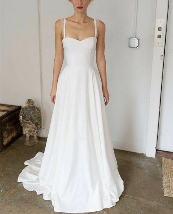 Luolandi Simple Satin Spaghetti Straps Neckline Sweep Train A-line Wedding Dresses Elegant