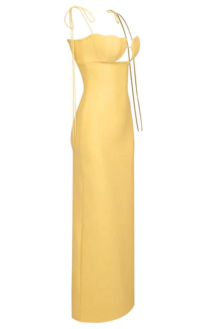 Luolandi Yellow Spaghetti Straps Long Prom Dress Wedding Guest Dress Sexy Party Dress