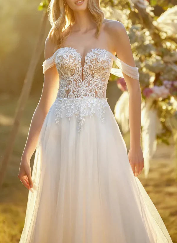 Luolandi Off-The-Shoulder Sleeveless Lace/Tulle Wedding Dress With Appliques Lace Floor Length Elegant