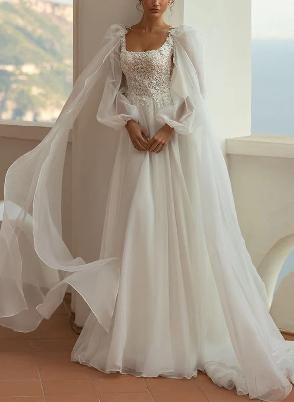 Luolandi A-Line Square Neckline Long Sleeves Lace/Tulle Bridal Gowns Wedding Dress Elegant