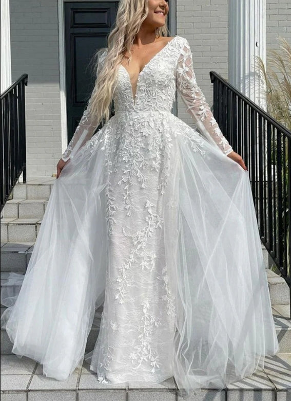 Luolandi Elegant Mermaid Deep V-neck Appliques Wedding Dress Long Sleeves Floor Length Charming