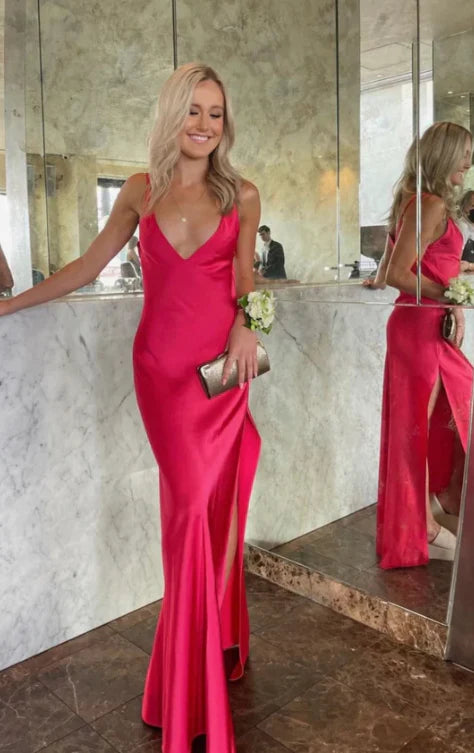 Luolandi Rose Red V Neck Satin Long prom Dress with Slit Simple Sexy Party Dress Formal Dress