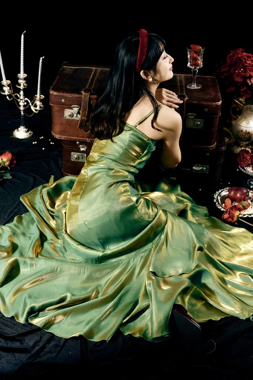 Luolandi Green Spaghetti Straps Ruffle Vintage Long Prom Dress Maxi Dress Charming Evening Party Dress