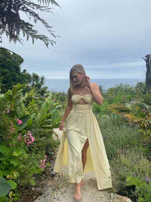 Luolandi Light Yellow Backless A-Line Long Party Dress with Slit wedding guest dress