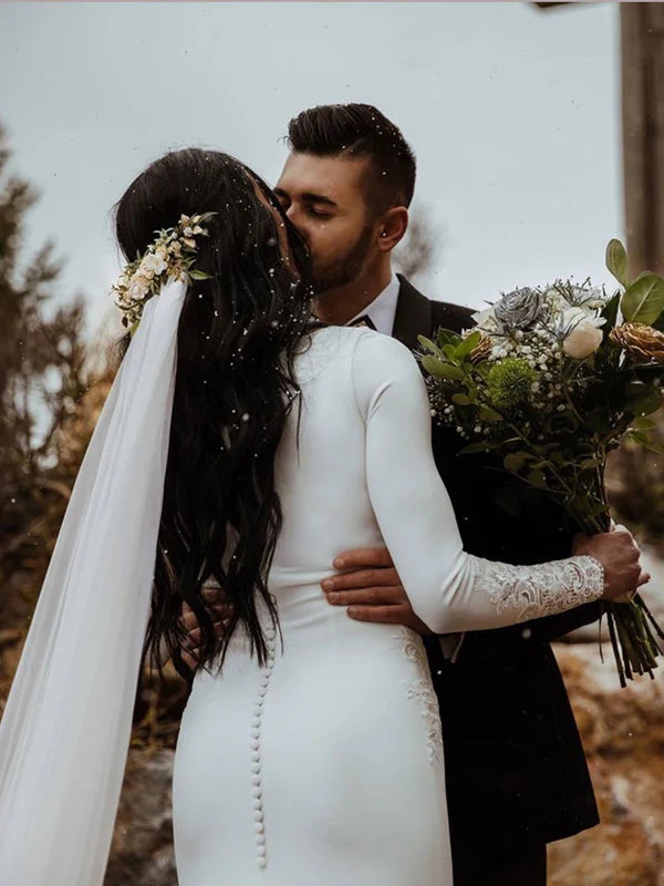 Luolandi Elegant Lace Satin Mermaid Longsleeves Appliques Sweep Train Simple Wedding Dresses