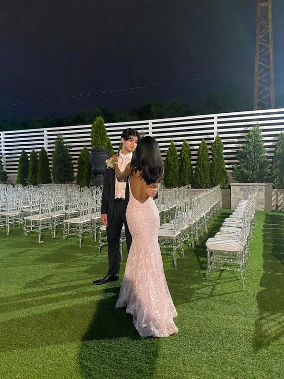 Luolandi Mermaid Pink Backless Long Graduation Prom Dress Charming Evening Party Dress