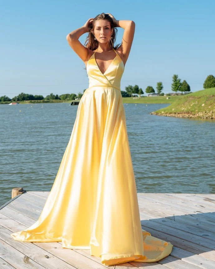 Luolandi Yellow Long Prom Dress Cross Back Simple Evening Party Dress Formal Dress