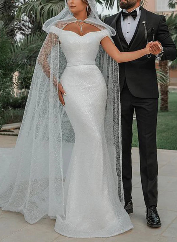 Luolandi Off-The-Shoulder Sleeveless Sequined Trumpet/Mermaid Wedding Dresses Floor Length Elegant