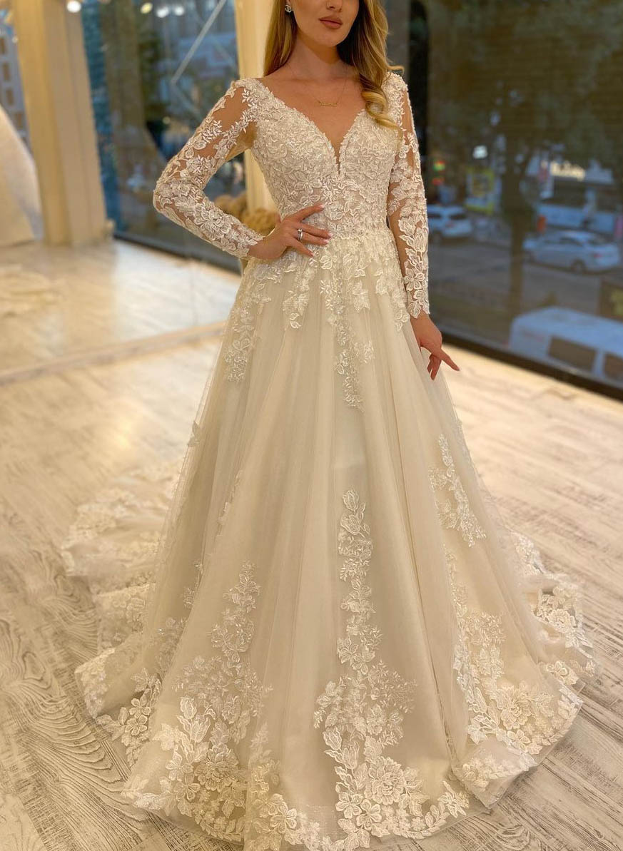 Luolandi Lavish Lace V-Neck Long Sleeves A-Line Bridal Gowns Floor Length with Appliques