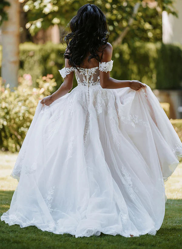 Luolandi Sweetheart Sleeveless Sweep Train Wedding Dresses Off Shoulder Floor Length with Appliques