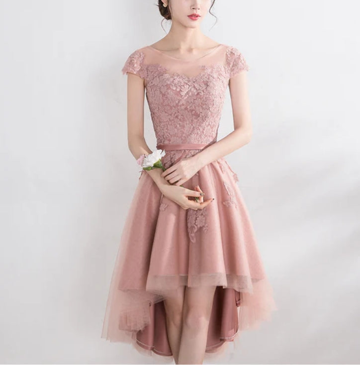 Luolandi Pink Lace Tulle Cap Sleeves Bridesmaid Dress Lovely Dark Pink Party Dress Cocktail Dress