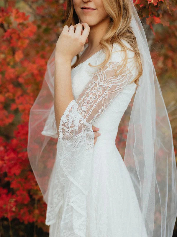 Luolandi Beautiful Long Sleeves Lace Wedding Dresses A-Line Bridal Gowns V-neck Elegant