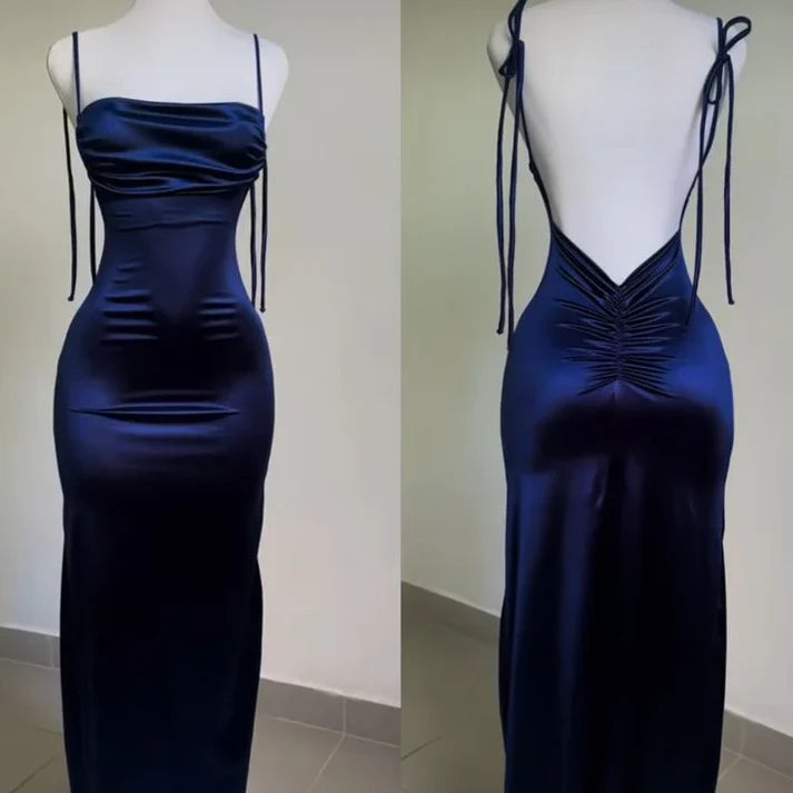 Luolandi Vintage Backless Ruffle Asymmetrical Midi Length Party Dress Simple Formal Dress