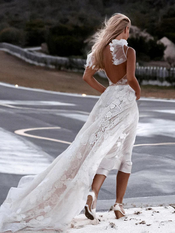 Luolandi Romantic Spaghetti Straps Floral Lace Long Wedding Dresses Floor Length Elegant Beautiful