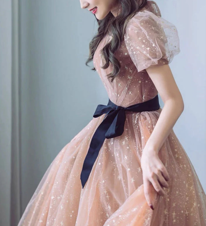 Luolandi Cute Tulle Long Prom Dress A-Line Short Sleeve Evening Party Dress V-neck