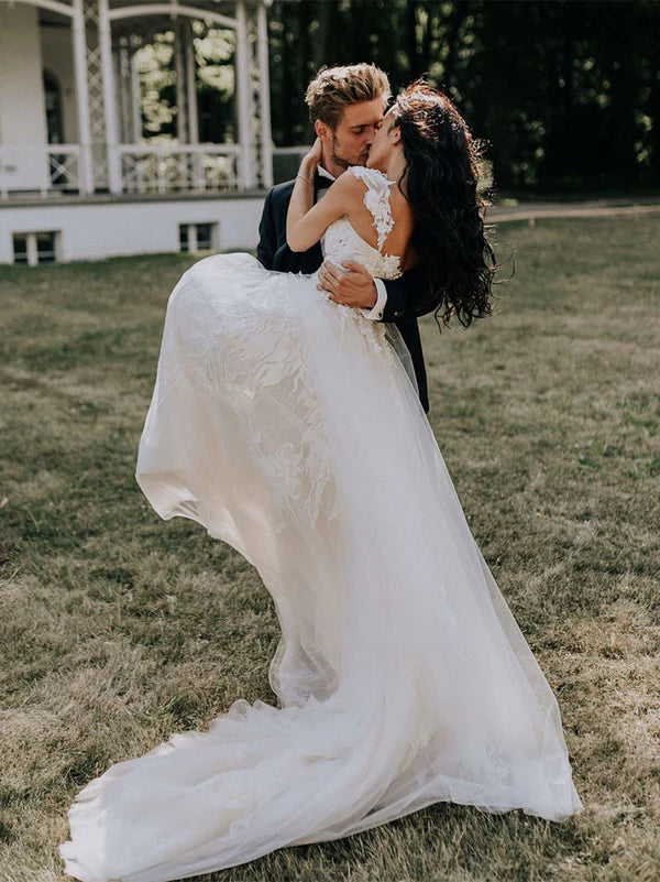 Luolandi Simple Sweetheart Neckline A-line Wedding Dresses With Appliques Off Shoulder Elegant