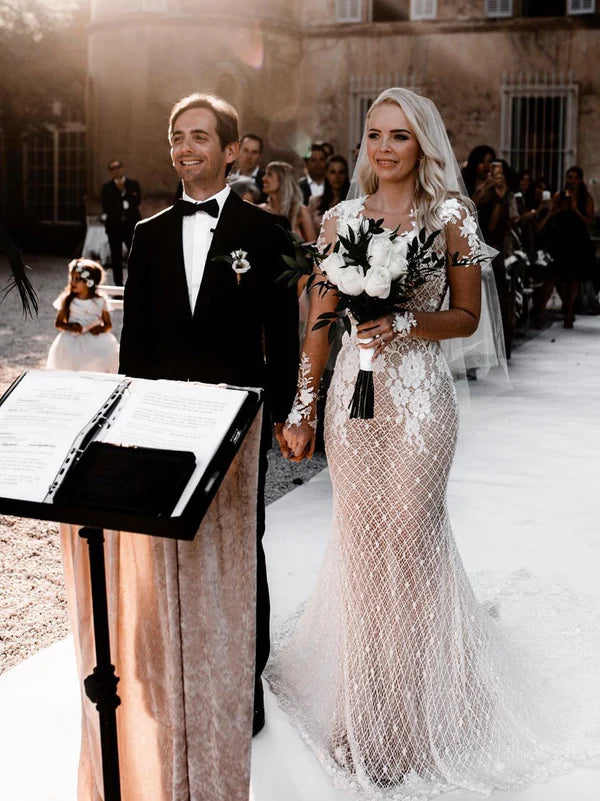 Luolandi Unique Bateau Lace Wedding Dresses Mermaid long Sleeves Gowns Elegant Beautiful