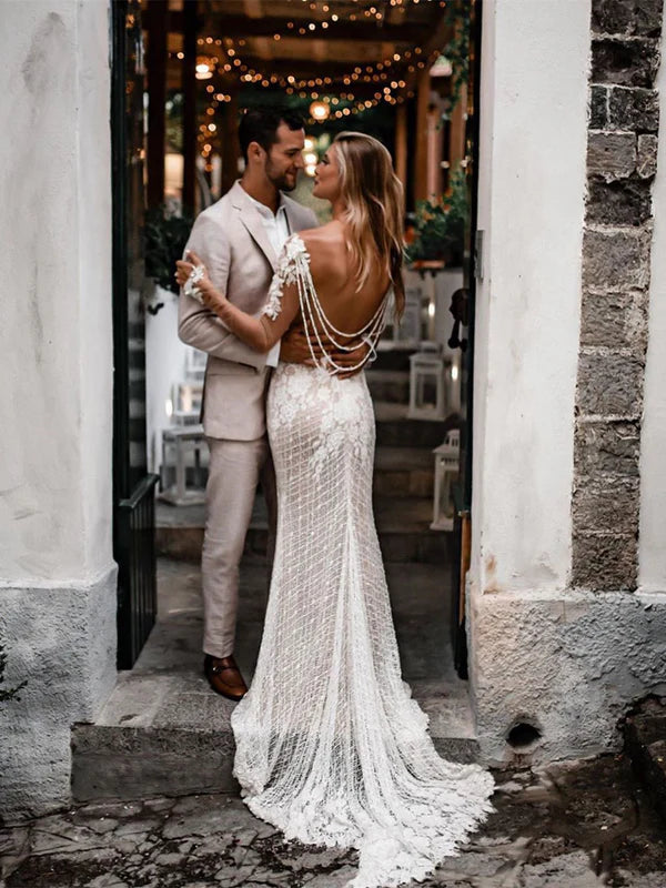 Luolandi Unique Bateau Lace Wedding Dresses Mermaid long Sleeves Gowns Elegant Beautiful