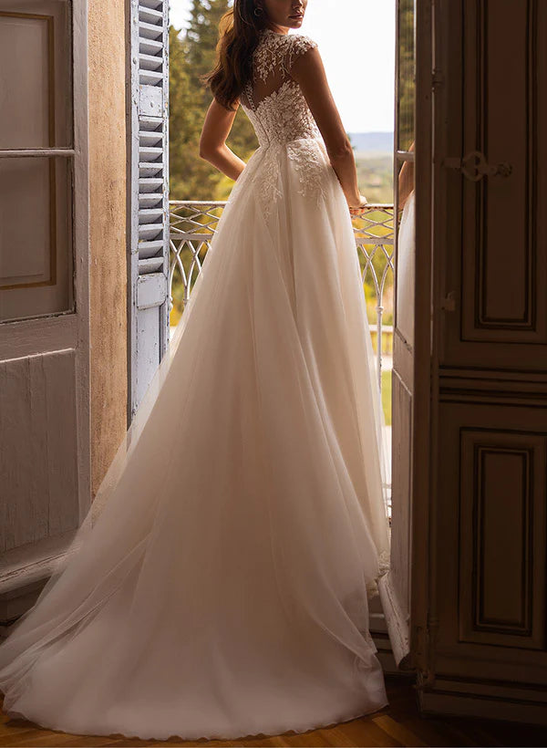 Luolandi Illusion Neck Short Sleeves Tulle Wedding Dress With High Split Floor Length Elegant