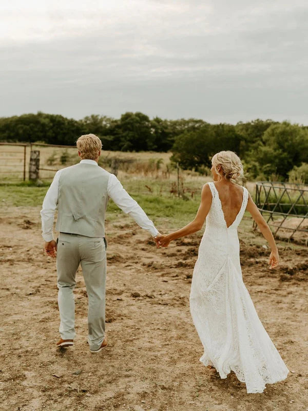 Luolandi Backless V-Neck Lace Wedding Dresses A-Line Sleeveless Bridal Gowns Elegant