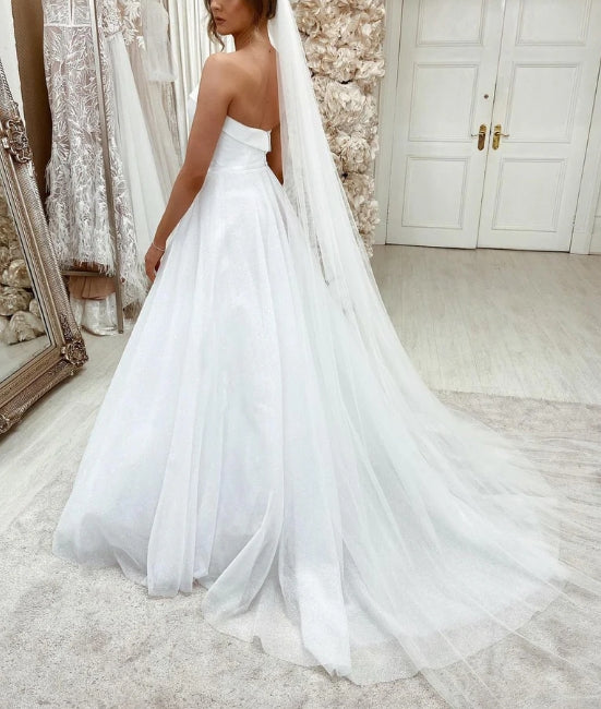 Luolandi Gorgeous Shiny Lace Sweep Train Wedding Dresses Sweetheart Bridal Gowns Off Shoulder