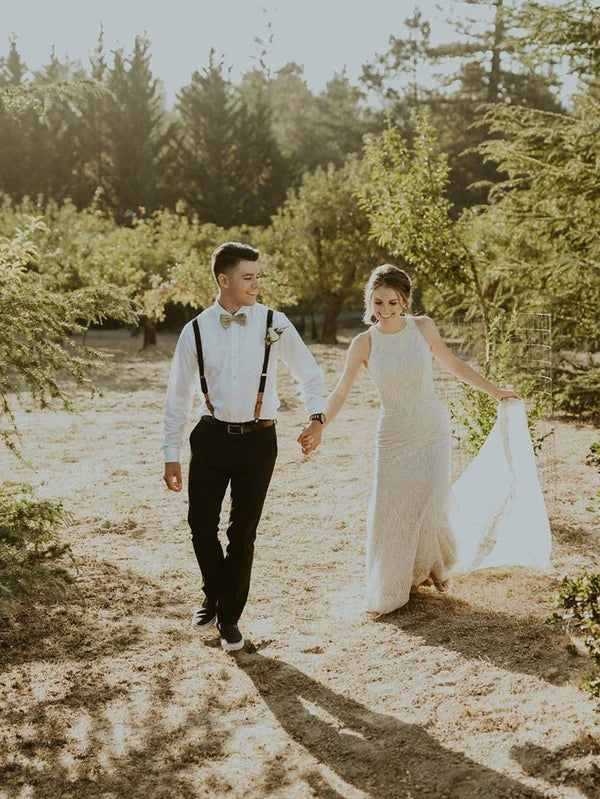 Luolandi Sexy Backless Halter Neckline Mermaid Panel Train Sheath Wedding Dresses Elegant