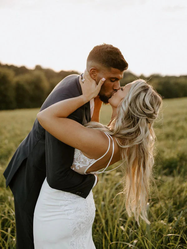 Luolandi Modern Satin Dual Shoulder Straps Neckline Sweep Train Wedding Dresses With Appliques Elegant