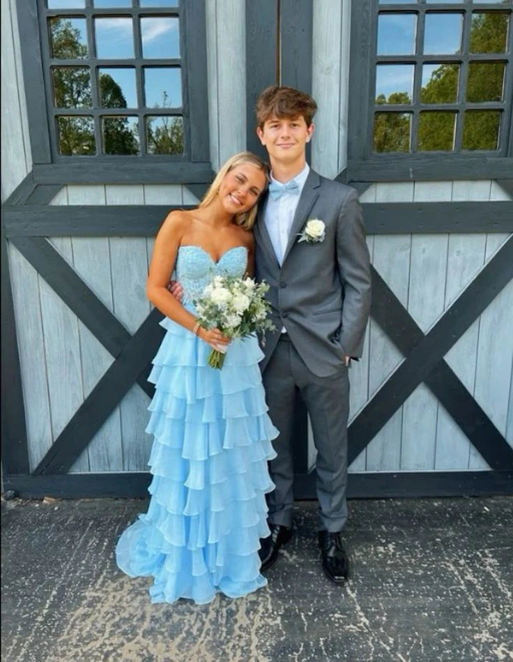 Luolandi Light Blue Sweetheart A-Line Tiered Choffon Long Party Dress Off Shoulder Prom Dress Evening Dress