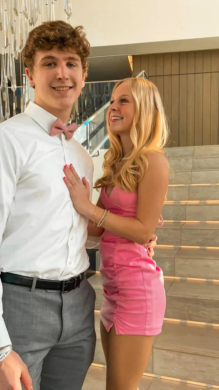 Luolandi Pink Straps V Neck Sheath Short Party Dress Homecoming Dress Formal Dress