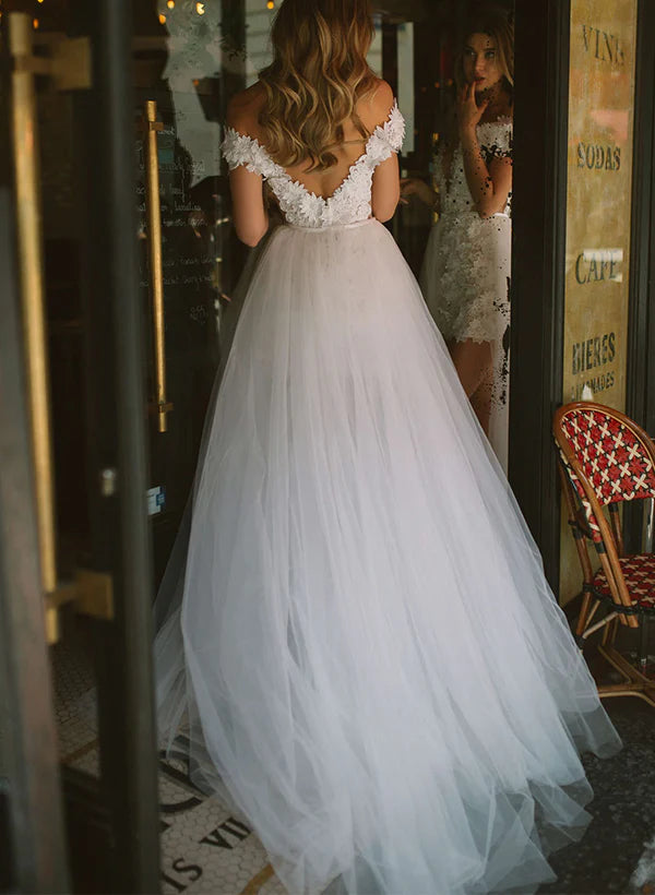 Luolandi Off-The-Shoulder Sleeveless Wedding Dress With Detachable Sheath/Column With Flowers Without Wedding Veil