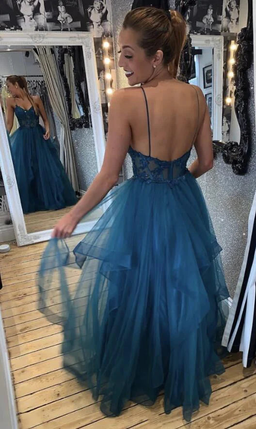 Luolandi Elegant Blue Tulle Lace Long Prom Dress Charming Evening Dress with Appliques