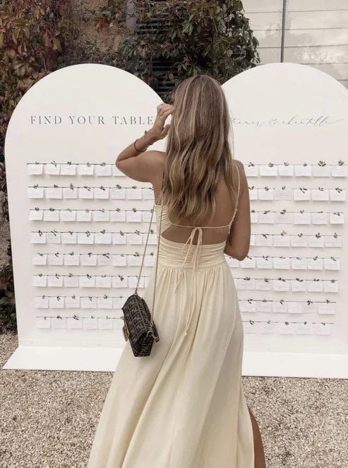 Luolandi Light Yellow Backless A-Line Long Party Dress with Slit wedding guest dress