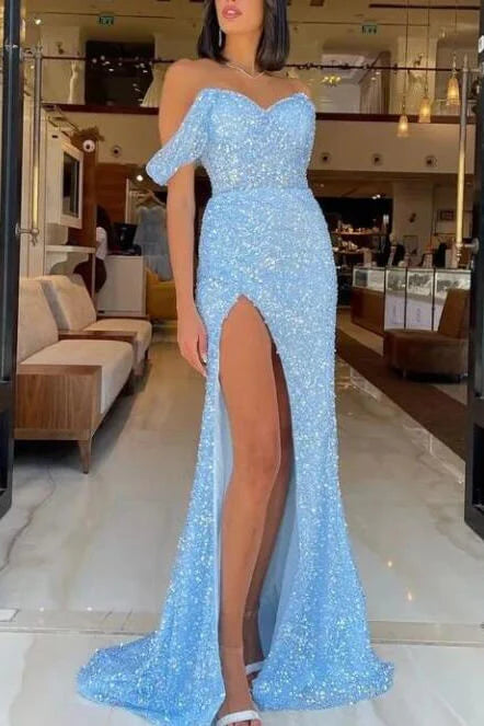 Luolandi Vintage Sky Blue Sweetheart Straps Sequins Slit Mermaid Evening Dress Tulle With Detachable Ruffles Off Shoulder