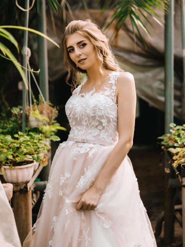 Luolandi Elegant Tulle Illusion A-line Wedding Dresses Appliques Bridal Gowns Beautiful