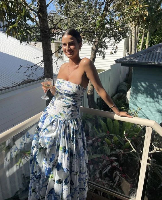 Luolandi Blue Printed A-Line Strapless Long Prom Dress Off Shoulder Evening Dress Formal Dress