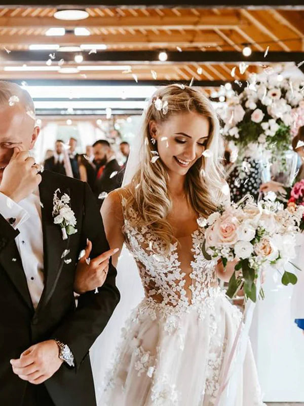 Luolandi Delicate Lace V Neck A Line Wedding Dress Tulle Wedding Gown with Sweep Train  Sexy