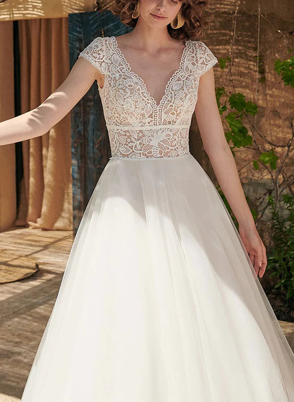 Luolandi Boho A-Line V-Neck Open Back Short Sleeves Lace Tulle Wedding Dress Floor Length Elegant