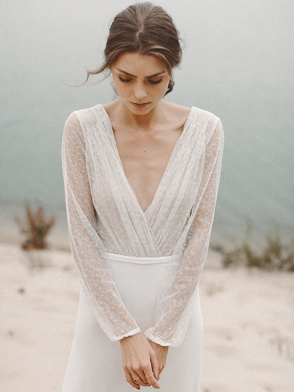 Luolandi Elegant Illusion Long Sleeves V-Neck Tulle Backless Wedding Dresses Formal Dress