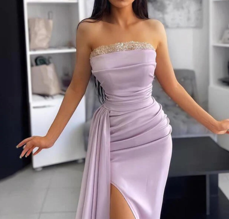 Luolandi Off The Shoulder Sleeveless Evening Dress With Pleated Applique And Slit Elegant Party Dress