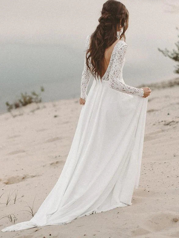 Luolandi Long Sleeves Lace Wedding Dresses A-line Chiffon Bridal Gowns V-neck Floor Length Elegant