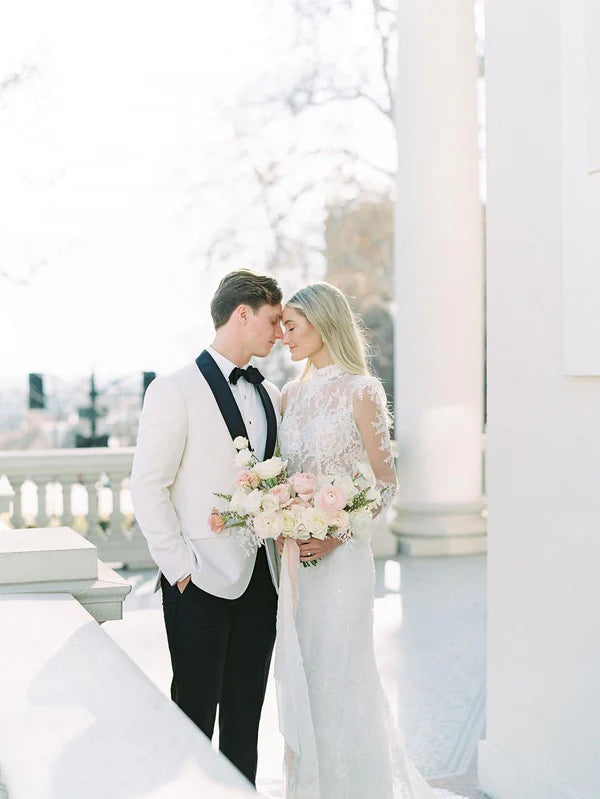 Luolandi Long Sleeves High Neck Lace Appliqued Mermaid Wedding Dresses Elegant Bridal Gown