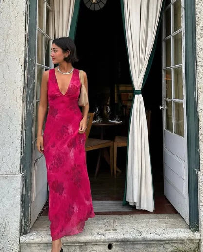 Luolandi Print Floral Long Evening Gown Prom Dress V-neck Charming Party Dress Formal Dress