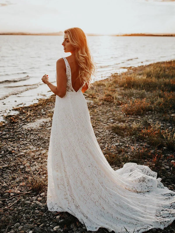 Luolandi Lace A-line Backless Chapel Train Wedding Dresses Sleeveless Bridal Gowns Elegant
