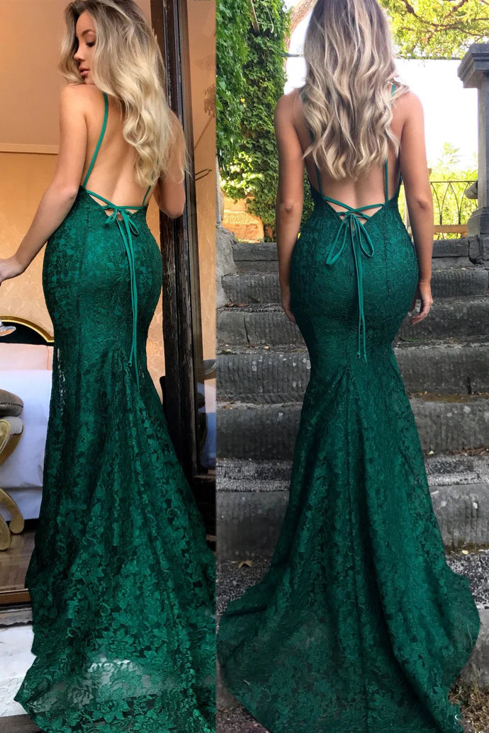 Luolandi Mermaid Green Lace Long Prom Dress Spaghetti Straps Backless Elegant Evening Party Dress