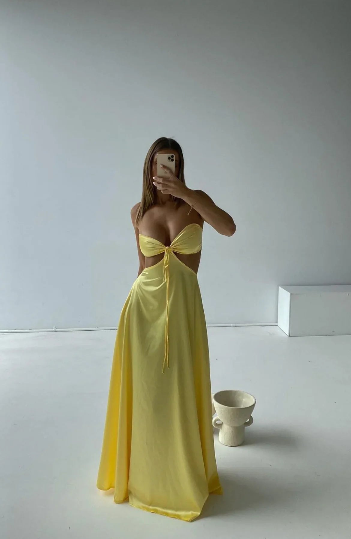 Luolandi Yellow Strapless Cute Satin Simple A-Line Long Party Dress Off Shoulder Sexy Evening Dress