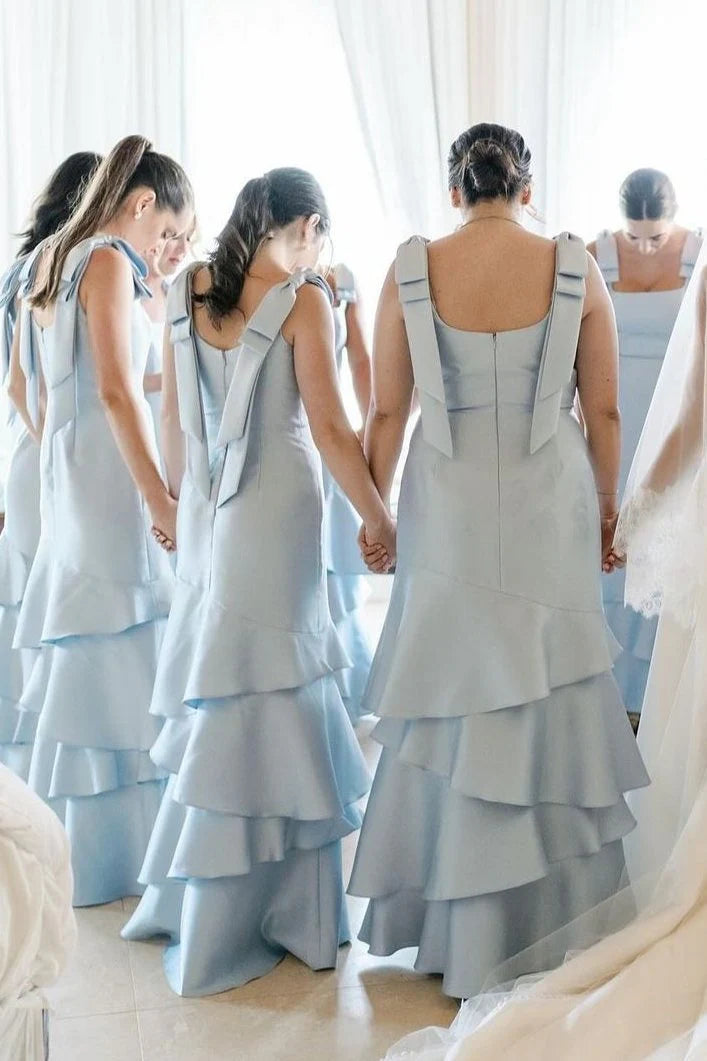 Luolandi Light Blue Straps with Bows Mermaid Satin Tiered Long Bridesmaid Dress Wedding Guest Dress Party Dress