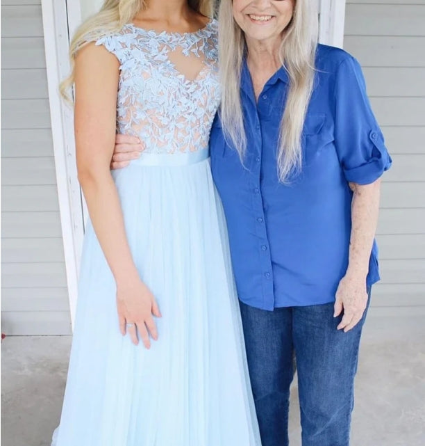 Luolandi Illusion Bateau A-line Prom Dresses Tulle Appliqued Gowns Beautiful Evening Dress Formal Dress